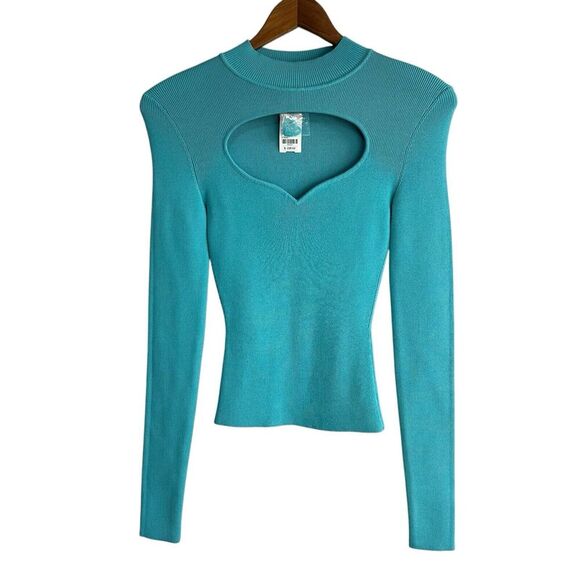STAUD Clara Knit Top Long Sleeve Small Turquoise Heart Cutout Ribbed Knit NWT - Picture 1 of 9
